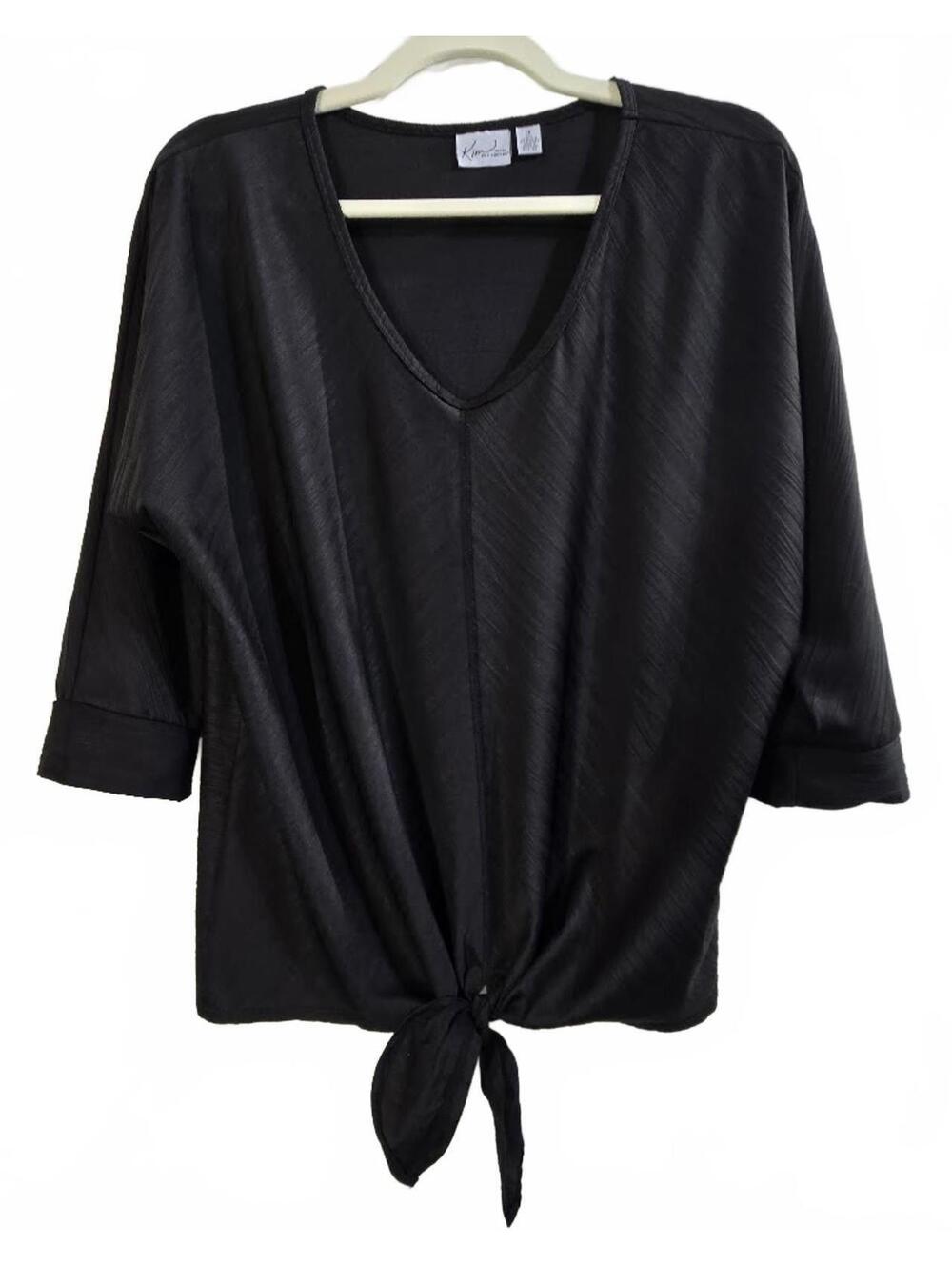 Kim Rogers Woman Black Tie-Front V-Neck Top Plus Size 1X